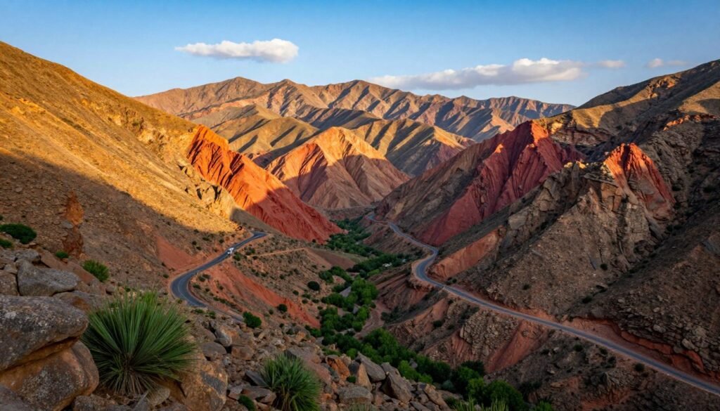 A breathtaking mountain landscape featuring the Todra and Dades Gorges in Morocco. In the foreground, showcase rocky outcrops and vibrant green vegetation that contrasts with the rugged terrain. The middle ground displays winding roads that snake through the gorges, flanked by steep, towering cliffs known for their dramatic colors—deep reds, oranges, and browns. In the background, the majestic peaks of the Atlas Mountains rise against a clear blue sky, with a few scattered clouds. The lighting is warm and golden, suggesting early morning or late afternoon, casting soft shadows and enhancing the textures of the rock formations. The mood is tranquil and awe-inspiring, inviting viewers to immerse themselves in the natural beauty of this remote location.