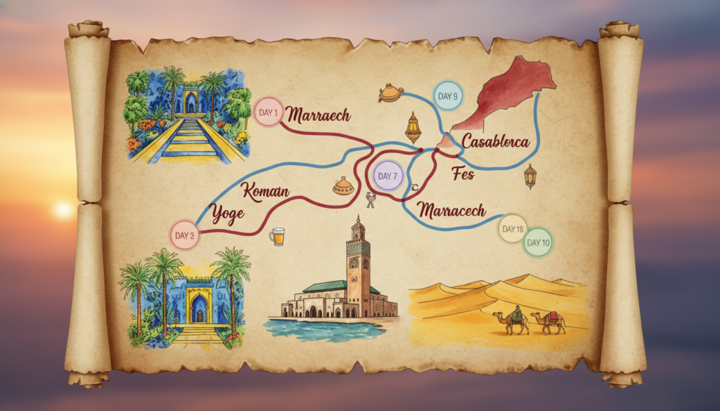 A captivating travel map showcasing a 10-day itinerary through Morocco, laid out on an aged parchment background. In the foreground, detailed illustrations of iconic Moroccan landmarks like the Majorelle Garden, Hassan II Mosque, and the Sahara Desert are interspersed with colorful tags indicating different travel days. In the middle, winding routes connecting cities like Marrakech, Fes, and Casablanca are depicted, embellished with vibrant icons of culture and cuisine. The background features a soft, warm sunset glow, enhancing the exotic atmosphere. Capture this scene with a wide-angle lens to emphasize depth, and use natural lighting to create an inviting mood, evoking a sense of adventure and exploration in the picturesque landscapes of Morocco. A captivating travel map showcasing a 10-day itinerary through Morocco, laid out on an aged parchment background. In the foreground, detailed illustrations of iconic Moroccan landmarks like the Majorelle Garden, Hassan II Mosque, and the Sahara Desert are interspersed with colorful tags indicating different travel days. In the middle, winding routes connecting cities like Marrakech, Fes, and Casablanca are depicted, embellished with vibrant icons of culture and cuisine. The background features a soft, warm sunset glow, enhancing the exotic atmosphere. Capture this scene with a wide-angle lens to emphasize depth, and use natural lighting to create an inviting mood, evoking a sense of adventure and exploration in the picturesque landscapes of Morocco.