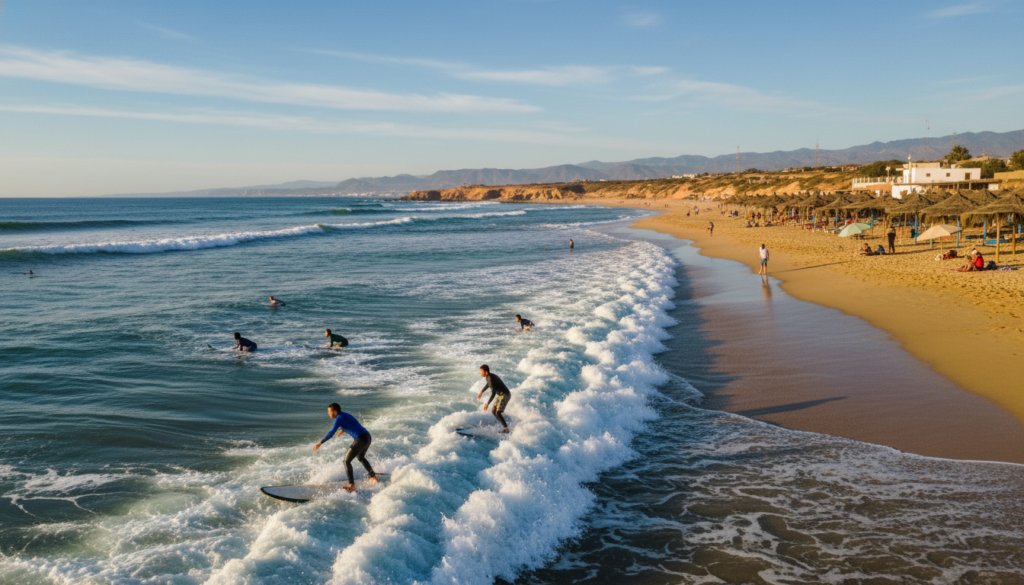 A stunning coastal view of Taghazout, Agadir, showcasing surfers riding the waves in the foreground. Include several surfers of diverse backgrounds wearing modest swimwear, skillfully navigating the turquoise waters under the bright sun. In the middle ground, feature classic Moroccan beach huts and a soft sandy beach, with a few beachgoers relaxing and enjoying the sun. The background should display the rugged coastline and distant mountains, bathed in warm golden light during late afternoon. Capture the vibrant blue sky with wisps of clouds enhancing the serene atmosphere, creating a sense of adventure and tranquility. The image should have a slightly tilted perspective to emphasize the dynamic action of the waves and surfers, conveying an exhilarating mood perfect for the surfing culture of Taghazout. A stunning coastal view of Taghazout, Agadir, showcasing surfers riding the waves in the foreground. Include several surfers of diverse backgrounds wearing modest swimwear, skillfully navigating the turquoise waters under the bright sun. In the middle ground, feature classic Moroccan beach huts and a soft sandy beach, with a few beachgoers relaxing and enjoying the sun. The background should display the rugged coastline and distant mountains, bathed in warm golden light during late afternoon. Capture the vibrant blue sky with wisps of clouds enhancing the serene atmosphere, creating a sense of adventure and tranquility. The image should have a slightly tilted perspective to emphasize the dynamic action of the waves and surfers, conveying an exhilarating mood perfect for the surfing culture of Taghazout.