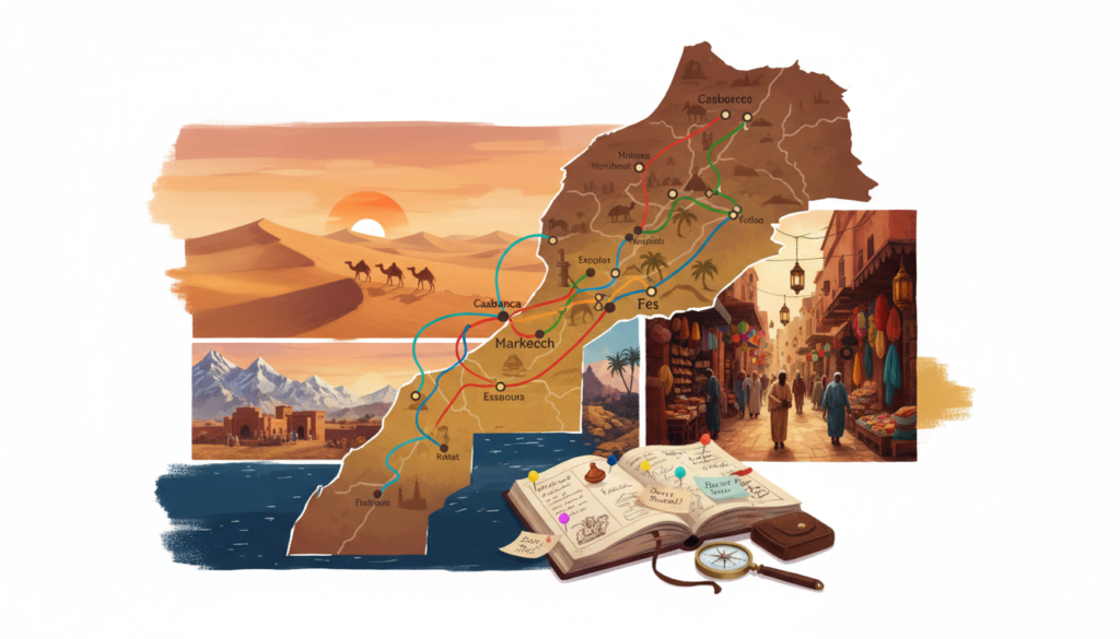 A vibrant and inviting illustration of Morocco travel itineraries, showcasing a detailed map highlighted with various regional routes and landmarks. In the foreground, include a travel planner with colorful pins and notes, symbolizing customization. The middle ground features iconic Moroccan landscapes, such as the Sahara Desert, Atlas Mountains, and bustling souks of Marrakech, rendered in warm, inviting tones to evoke a sense of adventure. The background includes a sunset sky, casting a soft golden glow over the scene, enhancing the overall warmth and allure of exploration. Use a wide-angle lens effect to create depth, focusing on the intricate details of the map and the natural beauty of Morocco, inspiring a sense of wanderlust and cultural richness. A vibrant and inviting illustration of Morocco travel itineraries, showcasing a detailed map highlighted with various regional routes and landmarks. In the foreground, include a travel planner with colorful pins and notes, symbolizing customization. The middle ground features iconic Moroccan landscapes, such as the Sahara Desert, Atlas Mountains, and bustling souks of Marrakech, rendered in warm, inviting tones to evoke a sense of adventure. The background includes a sunset sky, casting a soft golden glow over the scene, enhancing the overall warmth and allure of exploration. Use a wide-angle lens effect to create depth, focusing on the intricate details of the map and the natural beauty of Morocco, inspiring a sense of wanderlust and cultural richness.