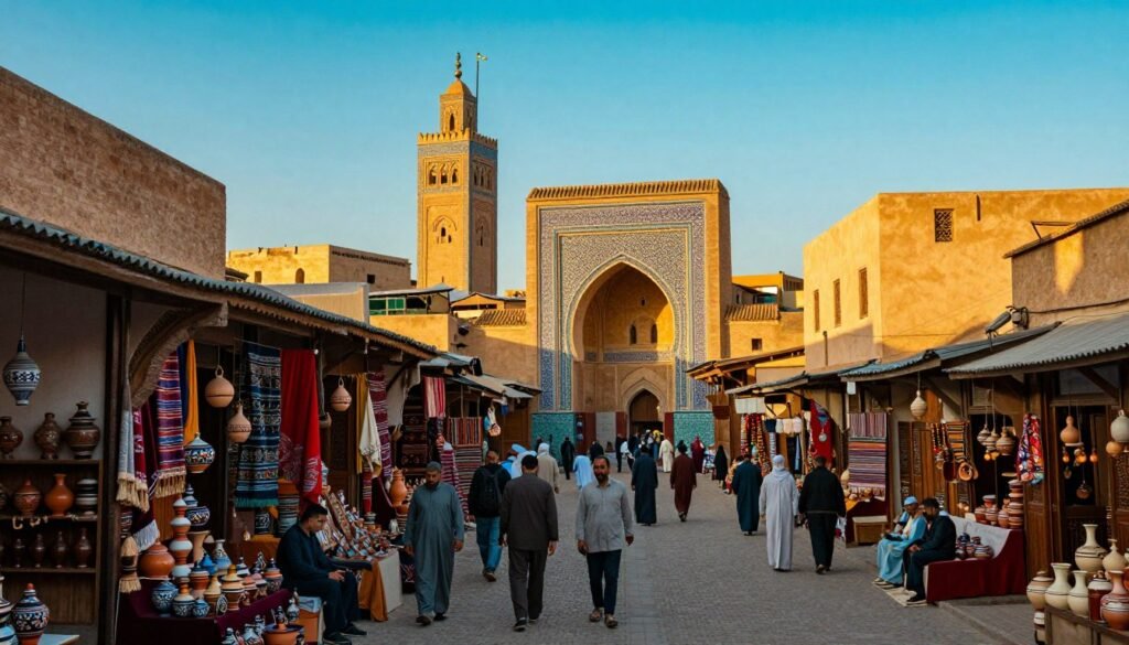 An enchanting view of the ancient city of Fes, Morocco, showcasing its intricate architecture and vibrant atmosphere. In the foreground, a winding narrow street lined with traditional shops and artisans crafting beautiful pottery and textiles. The middle ground features an ornate mosque with intricate tile work and soaring minarets, surrounded by bustling locals dressed in modest traditional attire, capturing the essence of daily life. In the background, the historic medina is bathed in warm golden sunlight during the late afternoon, casting long shadows and enhancing the rich colors of the buildings. The sky is a perfect azure, creating a serene yet lively ambiance. Capture this scene with a wide-angle lens to emphasize the depth and vibrancy of the marketplace, illustrating the allure of navigating ancient Fes.
